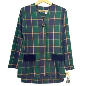 VTG Sunshine Starshine Green Navy Plaid Skirt Suit Blazer Set 8 DEADSTOCK Career